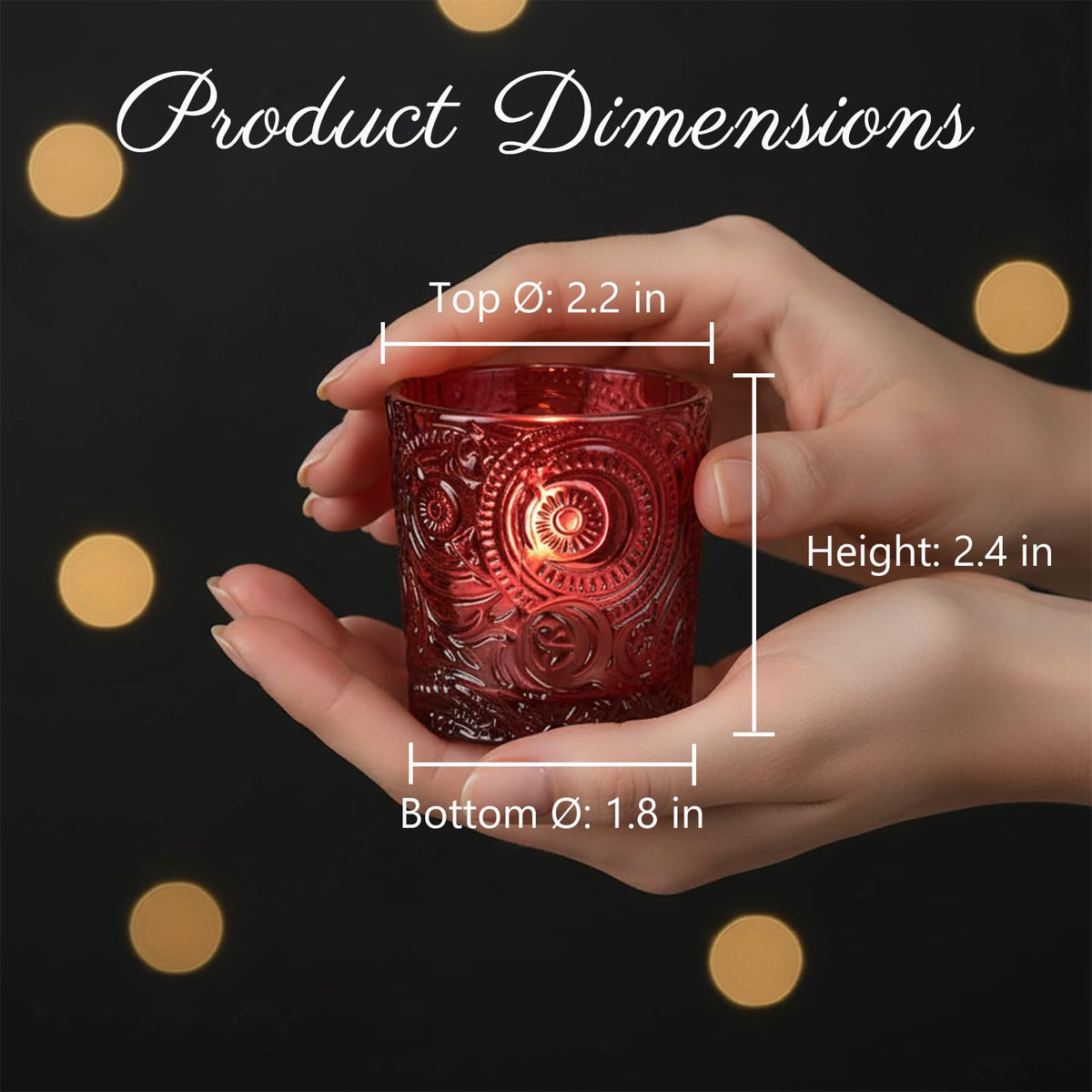 6 Pack Patented Sun Moon Star Embossed Glass Tea Light Candle Holders - Unique Votive Candle Holders for Wedding, Party, and Table Centerpieces (Wildberry Red)