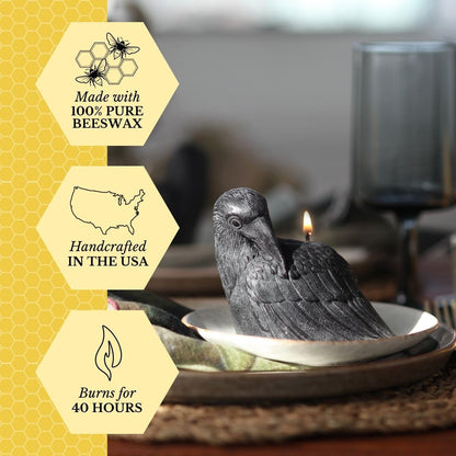 Big Dipper Wax Works Black Crow Candle – Handcrafted 100% Pure Beeswax, 4" × 3.5", Unscented, 24-Hour Clean Burn, Artisan Halloween Décor & Gothic Home Accent, Eco-Friendly Candle