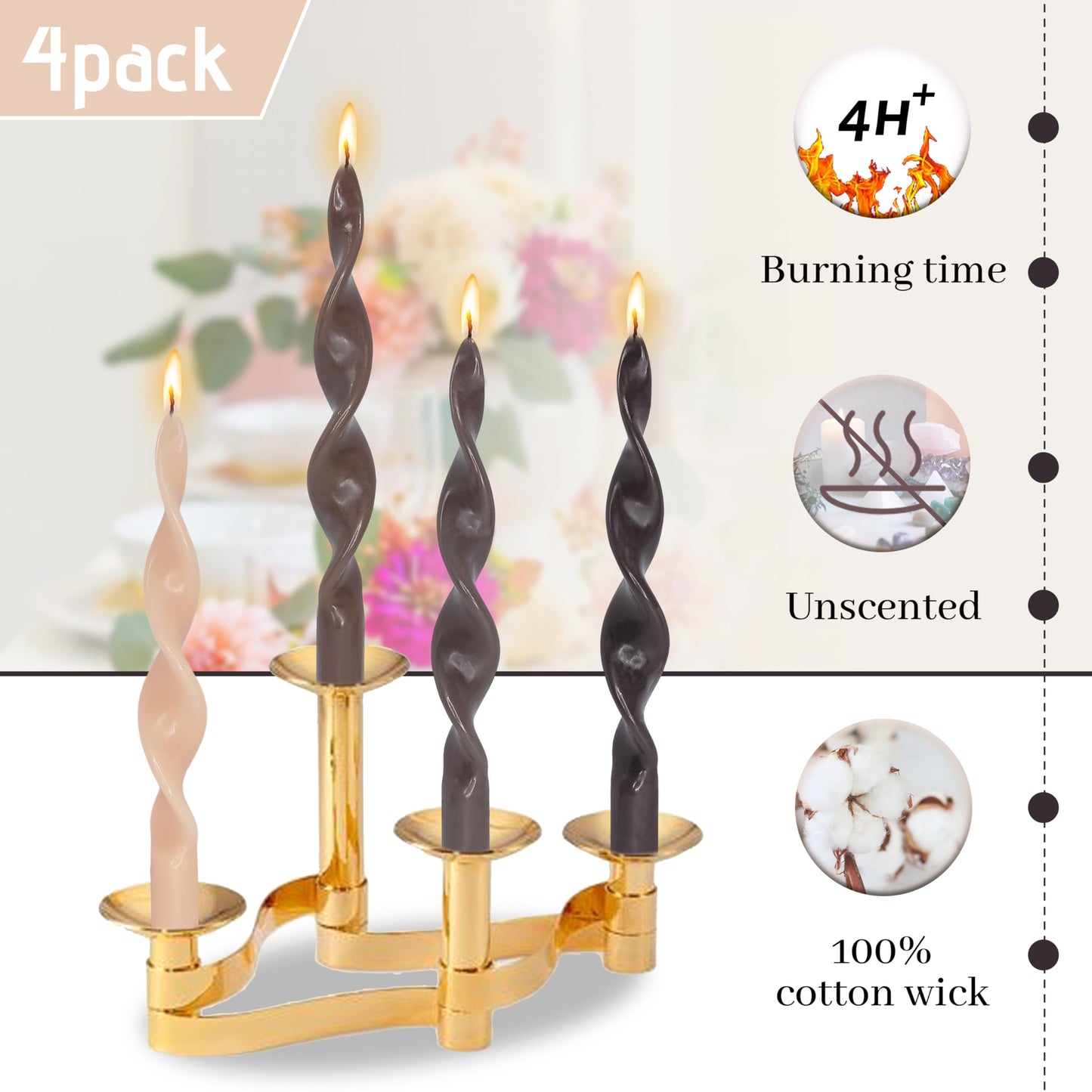 Unscented Gradient Brown Spiral Taper Candle Smokeless Twisted Candlesticks Handmade 10 Inch Long Candles for Wedding Home Decor Seasons Gifts 4 Pcs