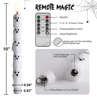 Eywamage Halloween Flameless Taper Candles with Remote, White Ghost LED Candlesticks Battery Operated Flickering Real Wax Set of 2