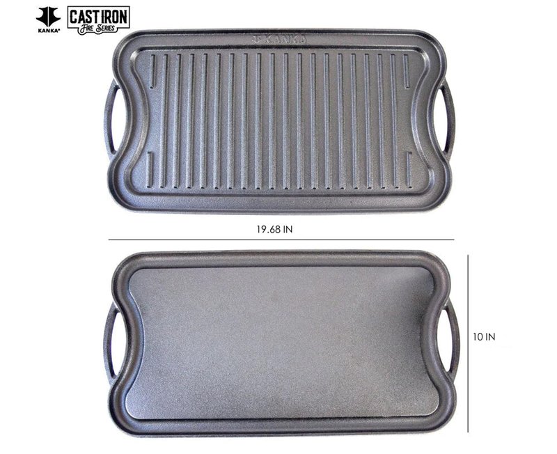 KANKA Grill Cast Iron Griddle - Extra Large Reversible Double-Sided Griddle for Gas Stove, BBQ Grill Plate, Flat Top Skillet for Stove Top, Outdoor Grill - 19.7in x 10.23in, Pre-Seasoned, Black