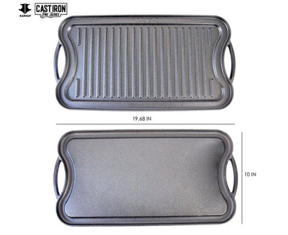 KANKA Grill Cast Iron Griddle - Extra Large Reversible Double-Sided Griddle for Gas Stove, BBQ Grill Plate, Flat Top Skillet for Stove Top, Outdoor Grill - 19.7in x 10.23in, Pre-Seasoned, Black