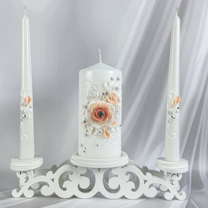 Magik Life Unity Candle Set - Wedding Ceremony & Reception – 6” Pillar & Two 10” Taper Candles – Long Burning Unity Candles for Marriage Ritual – Handmade in USA – White | Rose