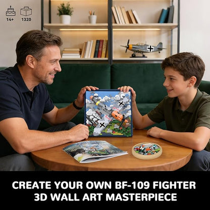 Military Plane 3D Wall Art Micro Mini Building Blocks Set WW2 BF-109 Fighter Jet Wall Decor or Table Display No Compatible with Lego Great Army Airplane Toy Gift for Adults Teens 14+ (1320 PCS)