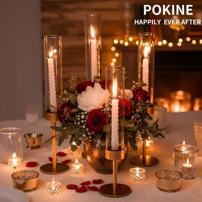 POKINE Set of 6 Gold Candle Holders, Tall Hurricane Candlestick Holders with Glass for Taper and Pillar Candles, Home Decor for Wedding, Christmas, Party, Anniversary, Dining Table