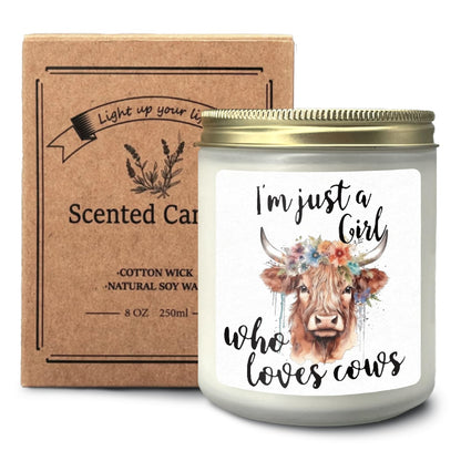 CIOJUNE Cow Candle, Cow Gifts for Women Girls Cow Lovers, Highland Cow Gifts, I am Just a Girl Who Loves Cows Lavender Candle, Floral Highland Cow Scented Candles for Home, Cow Stuff