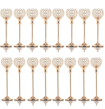 VINCIGANT 16PCS Gold Crystal Candle Holders Pillars for Wedding Decoration,Votive Crystal Candle Holders for Dinner Table Room Party Rhinestone Decorative
