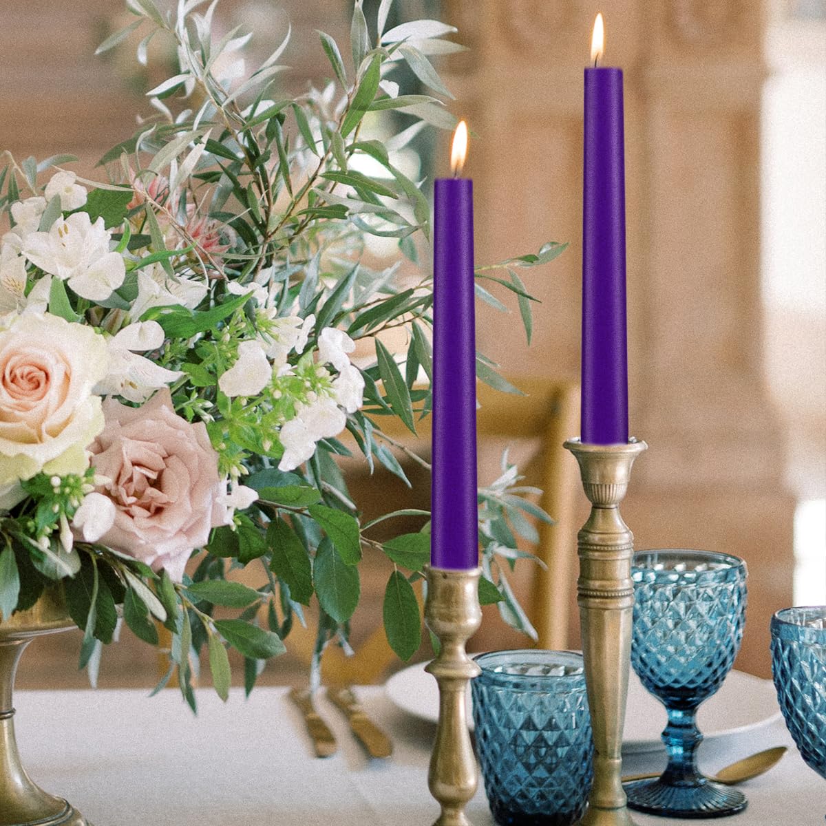 Taper Candles 10 inch (H) Dripless, Set of 20 Purple Unscented and Smokeless Taper Candles Long Burning, Paraffin Wax with Cotton Wicks for Burning 8 Hours Time