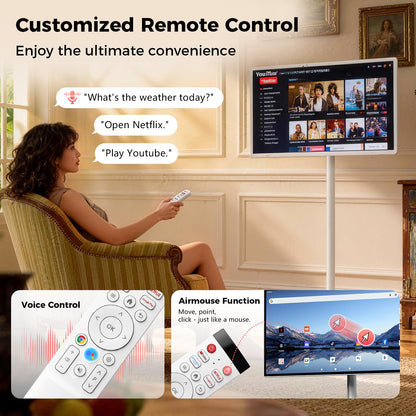 32 Inch Smart Portable TV, FHD Touch Screen Rolling Monitor on Wheels, Android 15 8GB +128GB, Wireless Tablet Display with Camera, 20W Speaker, EDLA-Certified 38,400 mAh Battery Voice Airmouse Remote