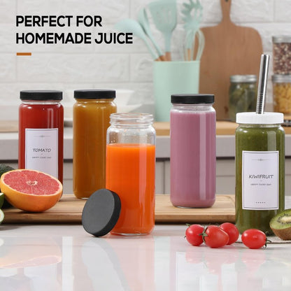 12 PACK Glass Juice Bottles with 12 Airtight Lids & 2 Straw Hole Lids & 2 Straws - 16OZ Travel Juicing Jars, Drinking Water Cups - Reusable Tall Mason Jar for Juice, Bubble Tea, Smoothie, Kombucha