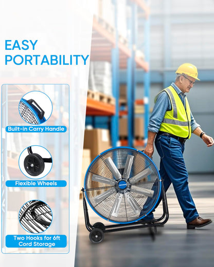 KEN BROWN 24 Inch Industrial Drum Fan, High Velocity Floor Shop Fan, Heavy Duty, 9500 CFM, 8 Blades, 3 Speeds, 360 Degree Tilt, Ideal for Industrial, Commercial, Gym, Garage Use, Blue