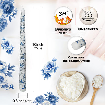 Floral Taper Candles 10 Inch Tall Unscented Handmade Blue and White Peony Pattern Print Long Burning Elegant Candlesticks for Wedding Dinner Home Decor