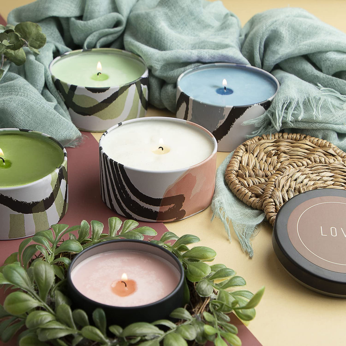 Hearth & Harbor Tin Candle Jars for Making Candles - DIY Candle Containers with Lids - Metal Candle Jars - Bulk Tins Storage for Candle - (24 Pieces) - (8 Ounces) - Painted Illustration