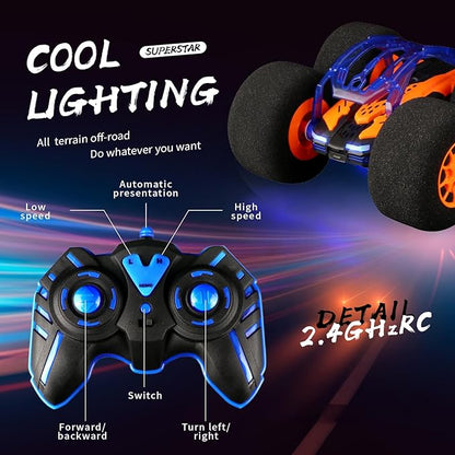 Indoor RC Car Stunt Remote Control Car Toys with Soft Wheels RC Cars for Kids Indoor Outdoor with LED headlight &amp Crazy Stunts 360° Flips Double Sided Vehicle 2.4GHz Remote Control for Boys Girls