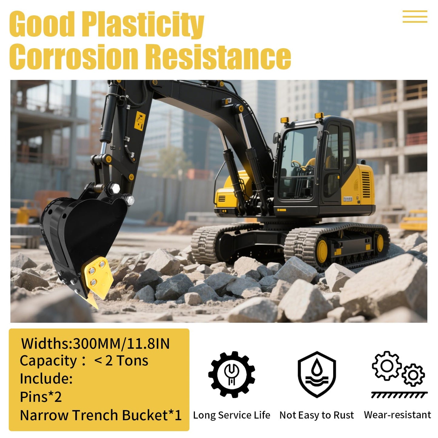 300mm Mini Excavator Bucket, 11.81in Excavator Attachments,300mm Narrow Digging Buckets with Metal Teeth Hole Diameter 0.98in, Center Wheelbase 3.54in, Metal Trenching Digger (300mm Black Yellow)