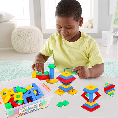 Slyder Set: 60 Pieces 3D Pyramid Building Blocks Geometric Stacking Toys for Kids Ages 4+ - Creative Early Childhood STEM Educational Toys for Preschool Boys and Girls
