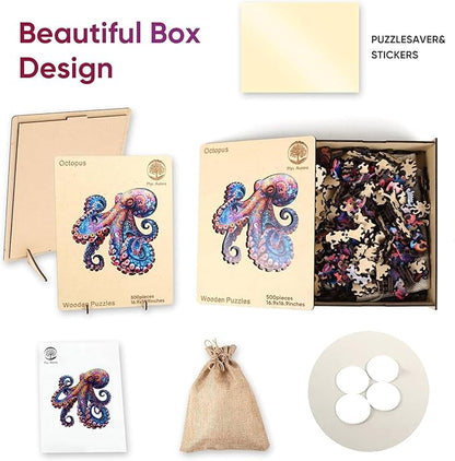 Mys Aurora Octopus Puzzles for Adults 500 Pieces 5MM Thick Wooden Jigsaw Puzzles Unique Shape Puzzle Ocean Wood Puzzles for Adults and Kids Birthday Gifts Family Game 17 * 17inch
