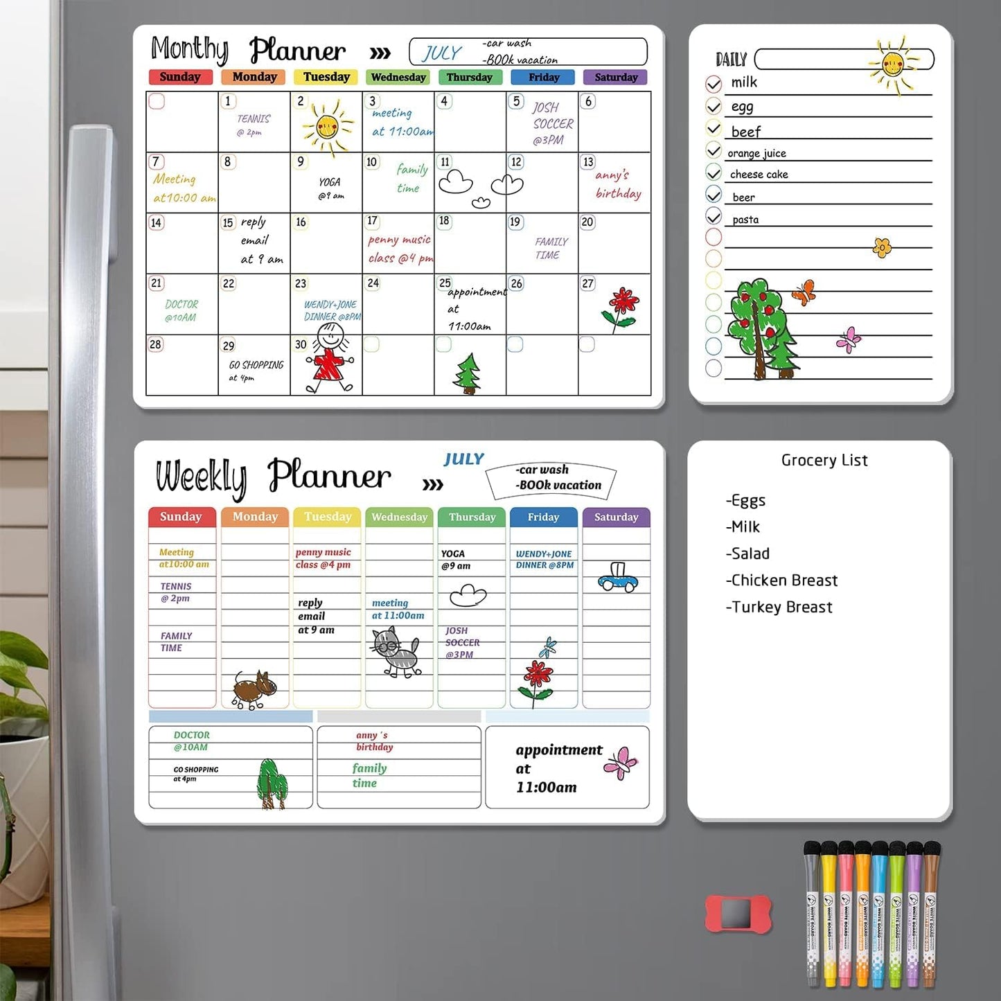 Hivillexun Magnetic Dry Erase Calendar Whiteboard Set (4-Pack) for Home and Kitchen, with Monthly and Weekly Views (16.5” x 11.8”), Magnetic Whiteboard and Daily Planners (12” x 8”) 8 Markers & Eraser