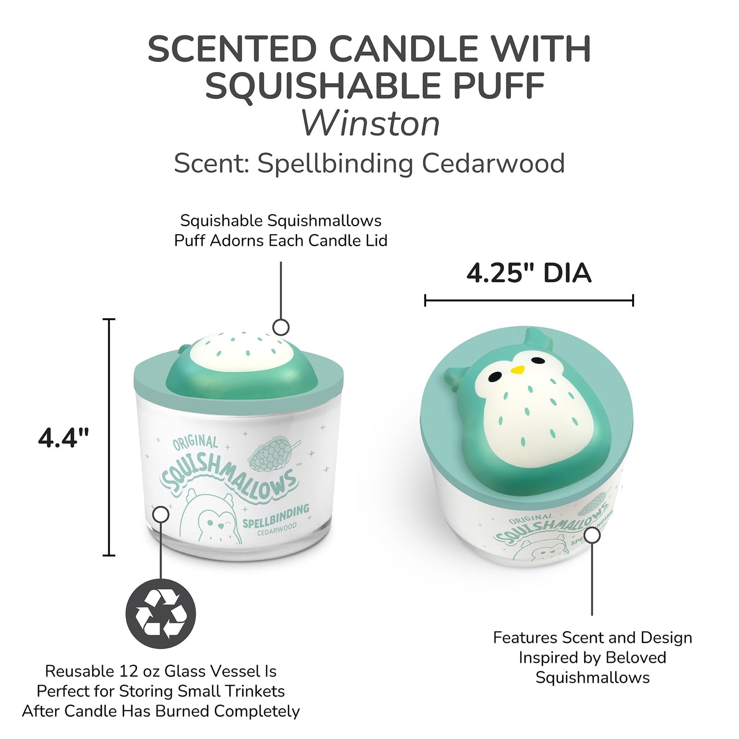 Studio Oh! x Squishmallows Scented Candle, Winston Spellbinding Cedarwood, Eucalyptus, Patchouli & Orange, 12 oz, 38 Hour Burn, Reusable Jar, Scented Candles for Home, Relaxing Calming Candle