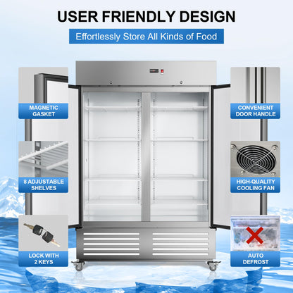 LCEKY 54" W 2 Door Commercial Freezer Stainless Steel 49 Cu.ft Freezers for Restaurant, Bar, Shop etc