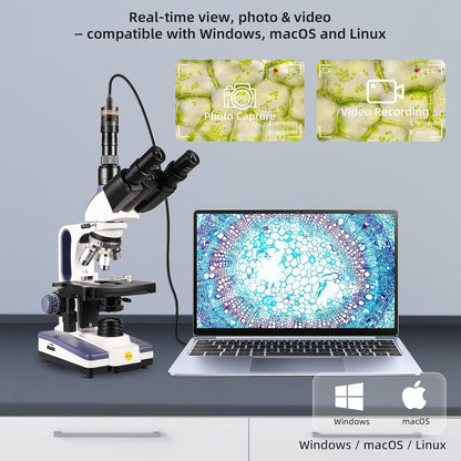SWIFT Trinocular Compound Microscope SW350T,40X-2500X Magnification,Siedentopf Head,Research-Grade,Two-Layer Mechanical Stage,1.3mp Camera and Software Windows and Mac Compatible