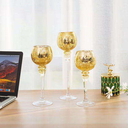 Inweder Glass Tealight Candle Holder: Gold Mercury Votive Holders 9/10/12 Inch Tall Long Setm Floating Candle Holders for Christmas Dining Table Centerpiece Wedding Party Set of 3