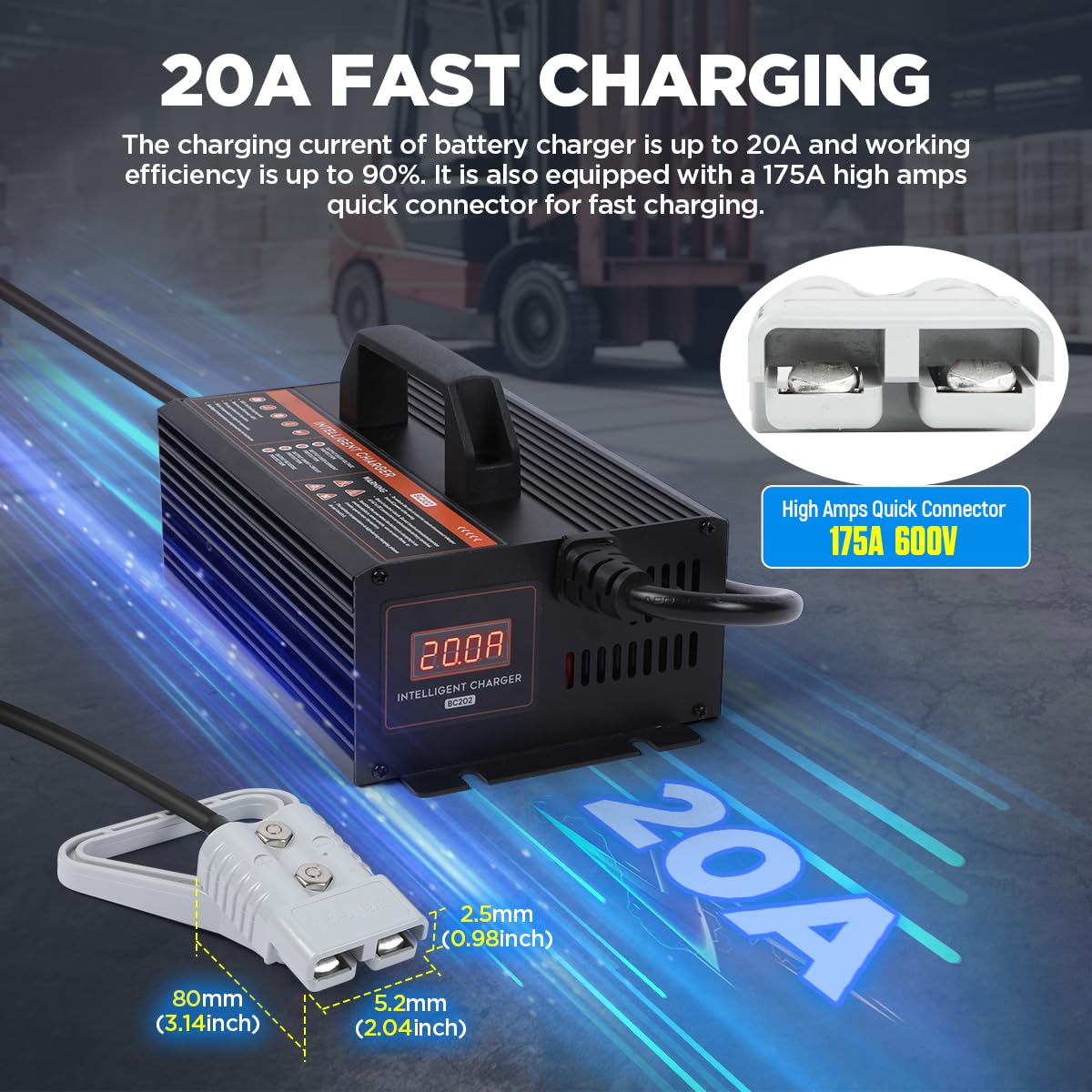 Forklift Battery Charger 24V 20A Smart Forklift Charger 24 Volt 600W Auto Pallet Jack Battery Charger LCD Display Trickle Charger for 24V Electric Pallet Jack, Stacker, Floor Scrubber, Scissor Lifter
