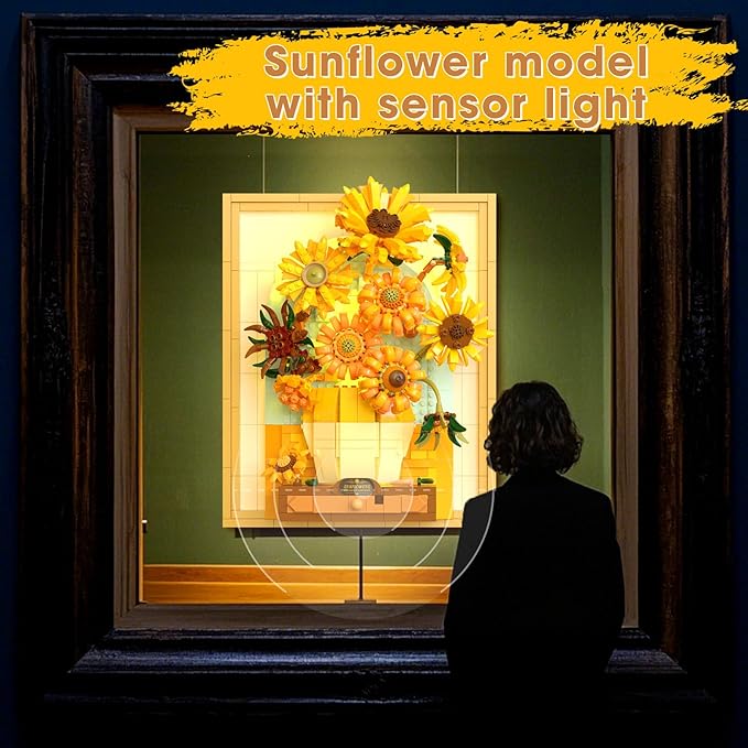 Building Block Sets Van Gogh Sunflower Painting Building Toys with Sensor Light 1166 Pcs 3D Framed Wall Art for Adults DIY Model Kit for Home Office Decor Gift for Women &amp Art Lovers