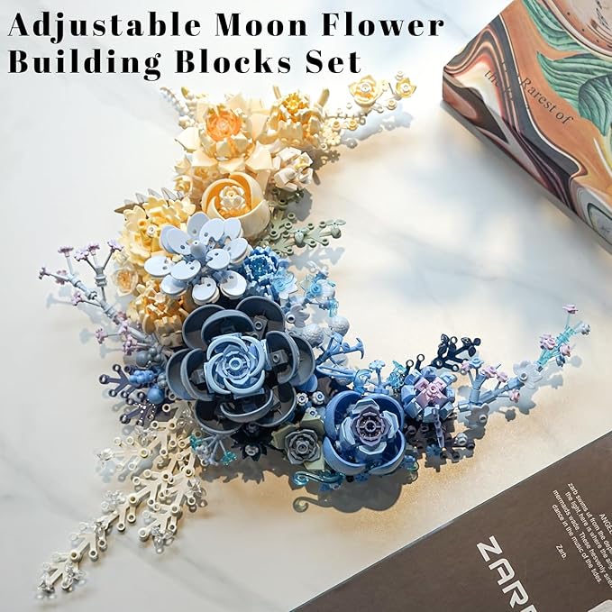 Blue Moon Flower Building Set Botanical Collection Crescent-Shaped Artificial Flowers Building Blocks Kit Compatible with Lego for Adults Home Décor Wall Art Decoration