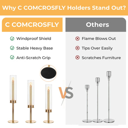 C COMCROSFLY Gold Candle Holders Set of 3, Elegant Glass Hurricane Candlestick Holders for Table Centerpiece, Wedding Decor, Modern Tall Candle Stick Holder for Dining Table, Home Decoration