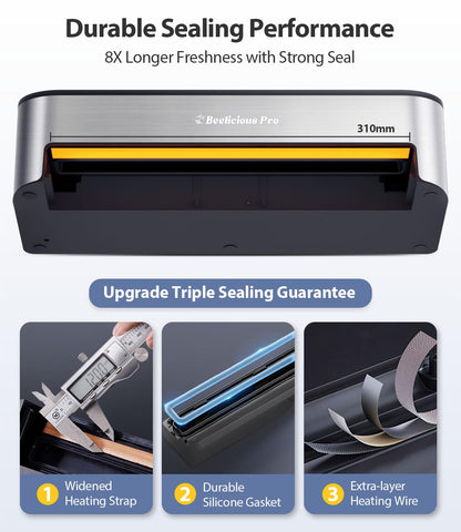 PressFree TRUE-Auto Vacuum Sealer Machine, Beelicious 85KPA Fully Automatic 8-IN-1 Food Sealer with Bags Storage, Build-in Cutter, Moist Mode and Air Suction Hose |Sous Vide | Digital Countdown