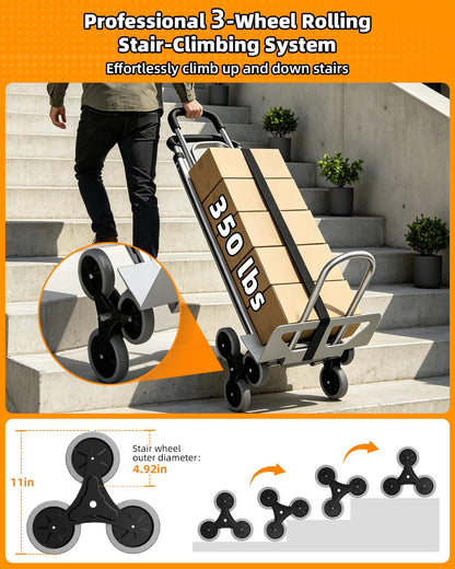 Aluminum 2 in 1 Hand Truck Dolly Cart with 6 Wheels, 600 Lbs Capacity, Heavy Duty Stair Climbing Dolly with Dual Handles, Bungee Cord & Strap for Flat Ground & Stairs, Warehouse, Home, Office, Silver