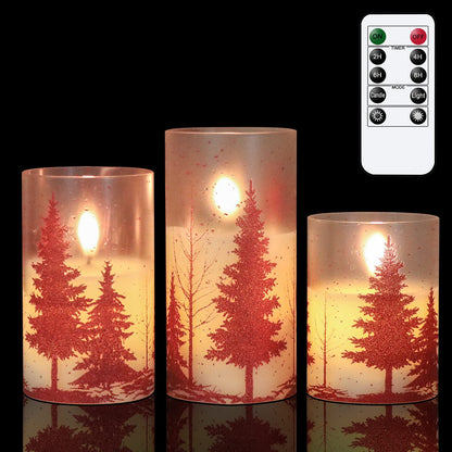 Wondise Glass Flameless Candles with Remote and Timer, Battery Operated Pine Tree Decals Pillar Candles for Home Decoration, Set of 3(D3 x H4/5/6 Inch)