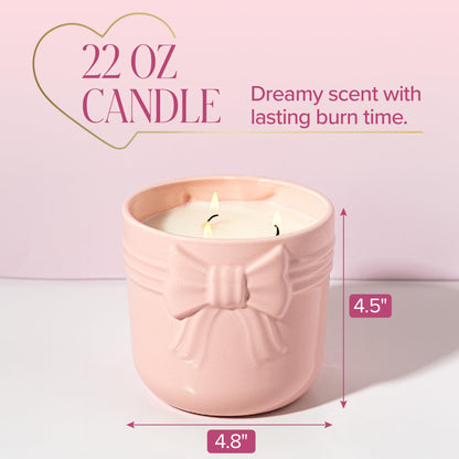 Paris Hilton Pink Spritz Scented Candle, Pink Ceramic Vessel with Embossed Bow Detail, Premium Plant Wax Blend, Cotton Wick, 22 Ounce