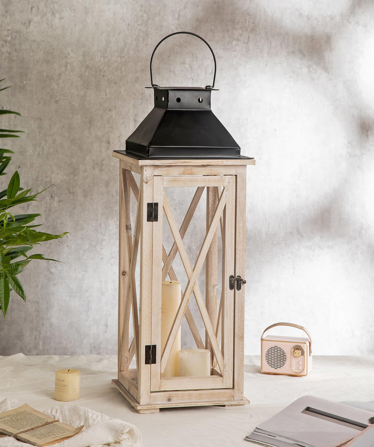 TIMRIS Large Wooden Candle Lanterns Decorative Set of 2, Rustic Farmhouse Whitewash Floor Lanterns, Indoor/Outdoor Hanging Lanterns for Home Decor (No Glass)