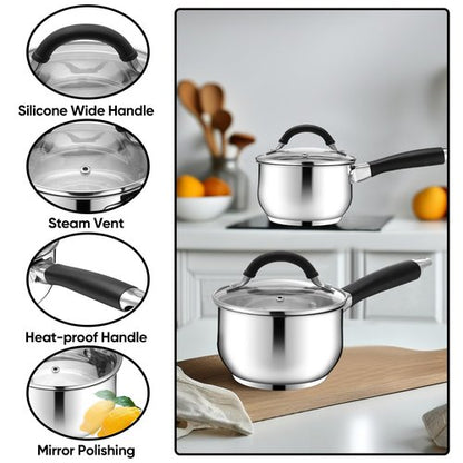 E-far 1 Quart Sauce Pan with Lid, Tri-Ply Base Stainless Steel Small Saucepan with Stay-Cool Handle, Non-toxic Kitchen Cooking Sauce Pot, Compatible with All Cooktops, Dishwasher Safe