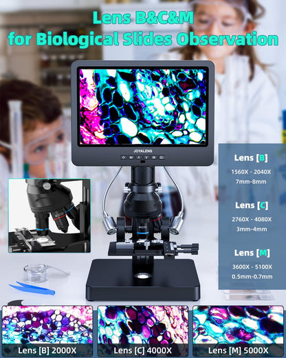 JOYALENS JL269S 5 Lens 10.1'' HDMI Digital Microscope 5000X with Endoscope, 24MP Biological Microscope for Adults Kids Home Lab, Coin Microscopes Full View for Error Coins, Windows PC Compatible, 32GB