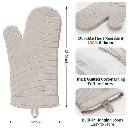 Beneno BPA-Free Silicone Oven Mitt 2-Pack Set, Heat Resistant 500°F Oven Mitts with Non-Slip Grip, Soft Thicker Lining, 7"x13", Beige