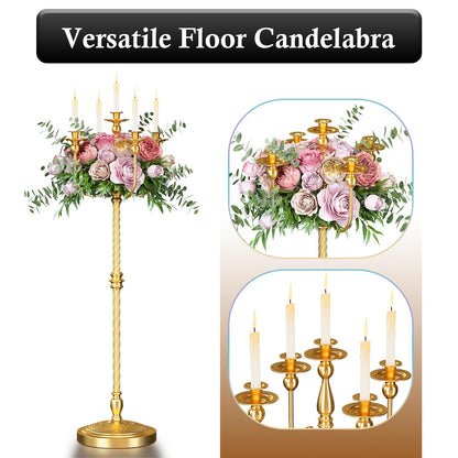 mopam 2 Pcs Floor Candelabra 50 Inch Gold Candelabra Centerpiece 5 Arms Floor Standing Candelabra Gold Candlestick Holder Antique Candle Holder Decorative for Party, Ceremony, Wedding (Line Styling)