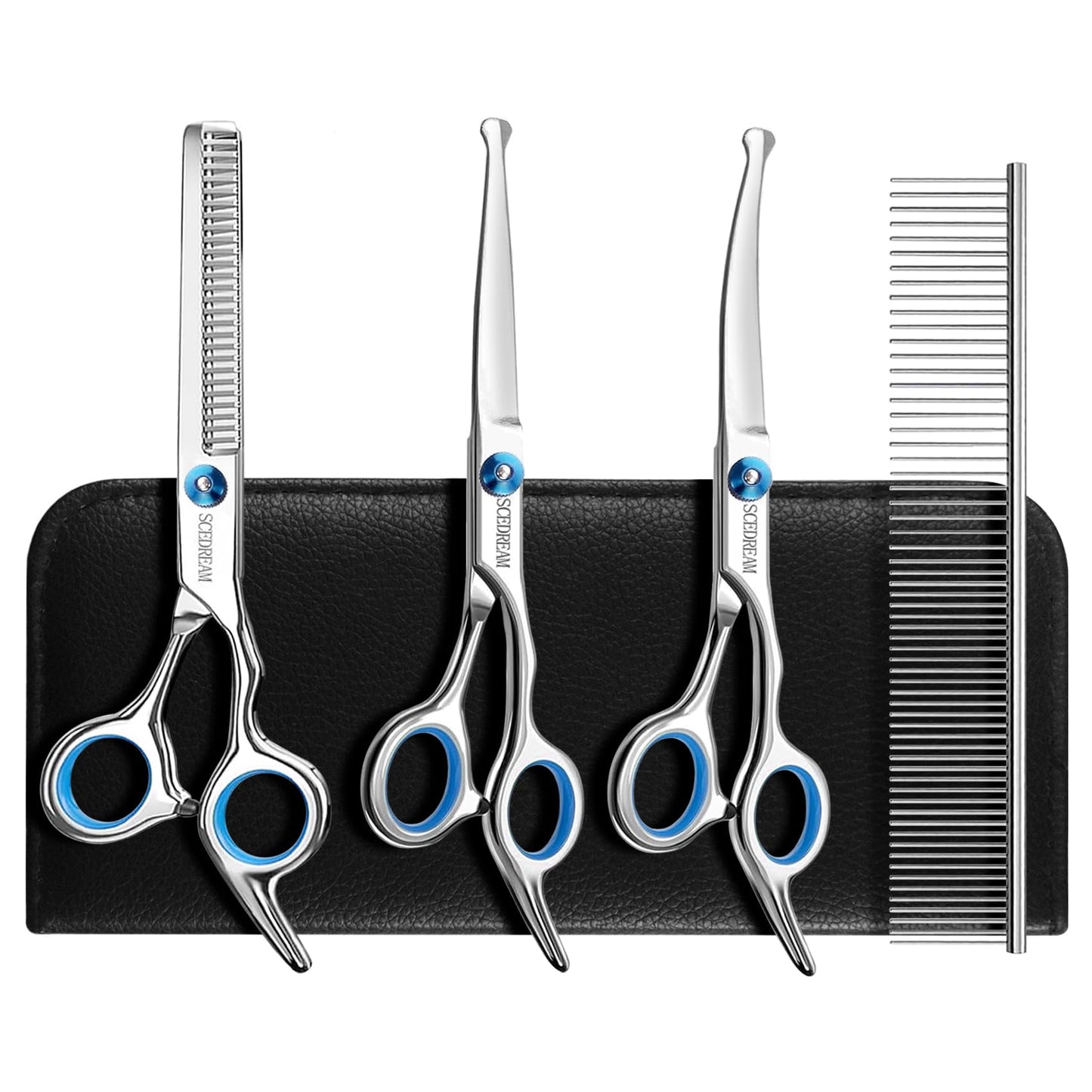SCEDREAM Dog Grooming Scissors for Dogs with Safety Round Tips, 5 in 1 Dog Scissors for Grooming, Professional Curved Pet Grooming Shears Set for Dogs and Cats