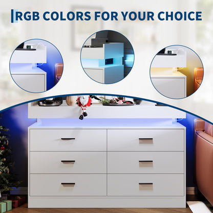 PeacefulHues TV Stand Cabinet with LED Lights & Charging Station, Coffee Bar Cabinet Floating Countertop, Modern Sideboard Buffet 6 Drawers for Home, Living Room, White