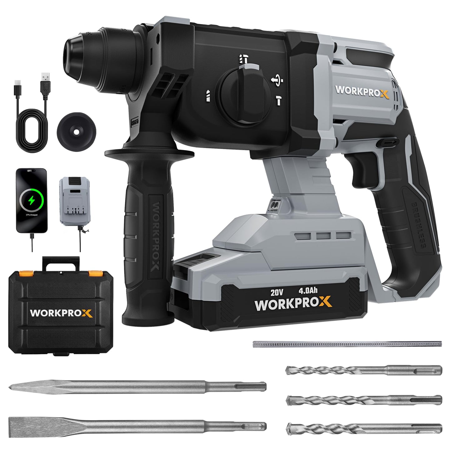 WORKPROX 20V Cordless Rotary Hammer Drill, 7/8" SDS-Plus, 2.0J Hammer Drill for Concrete with 4 Functions, Brushless Motor, 4.0Ah Battery & LED Light, Lightweight SDS Hammer Drill for Home Use
