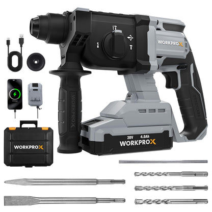 WORKPROX 20V Cordless Rotary Hammer Drill, 7/8" SDS-Plus, 2.0J Hammer Drill for Concrete with 4 Functions, Brushless Motor, 4.0Ah Battery & LED Light, Lightweight SDS Hammer Drill for Home Use