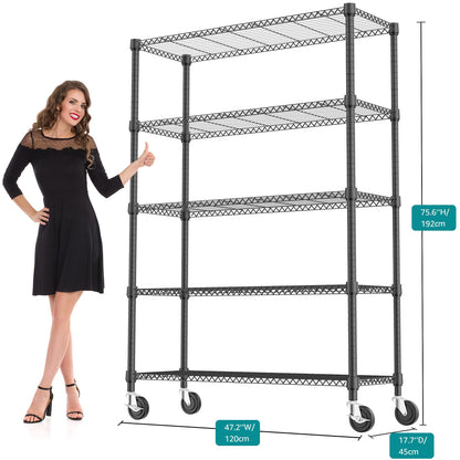 M MZG 1750LBS 47.2" W 5 Tiers Storage Shelves Metal Shelving Unit with Wheels Heavy Duty Garage Shelving Adjustable Wire Shelves for Pantry,Kitchen,Garage,Basement,Black 17.7" D x 47.2" W x 76.8" H