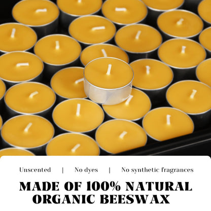 Natural Organic Beeswax Tea Candles in Metal Aluminum Cup - Small Candle Bulk Natural Scent Smokeless 4-5 Hours Long Burning - Yellow, Pack of 50