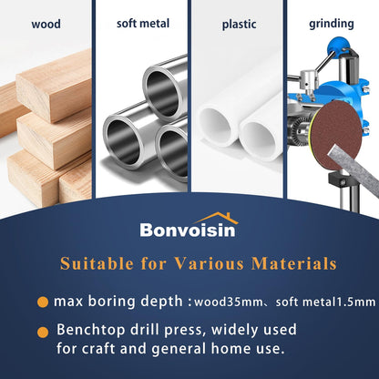 Bonvoisin Mini Benchtop Drill Press, 6 Variable Speed Drilling Machine for Craft and Home Improvement, 1200W Electric Drill Press 2800RPM Max Speed