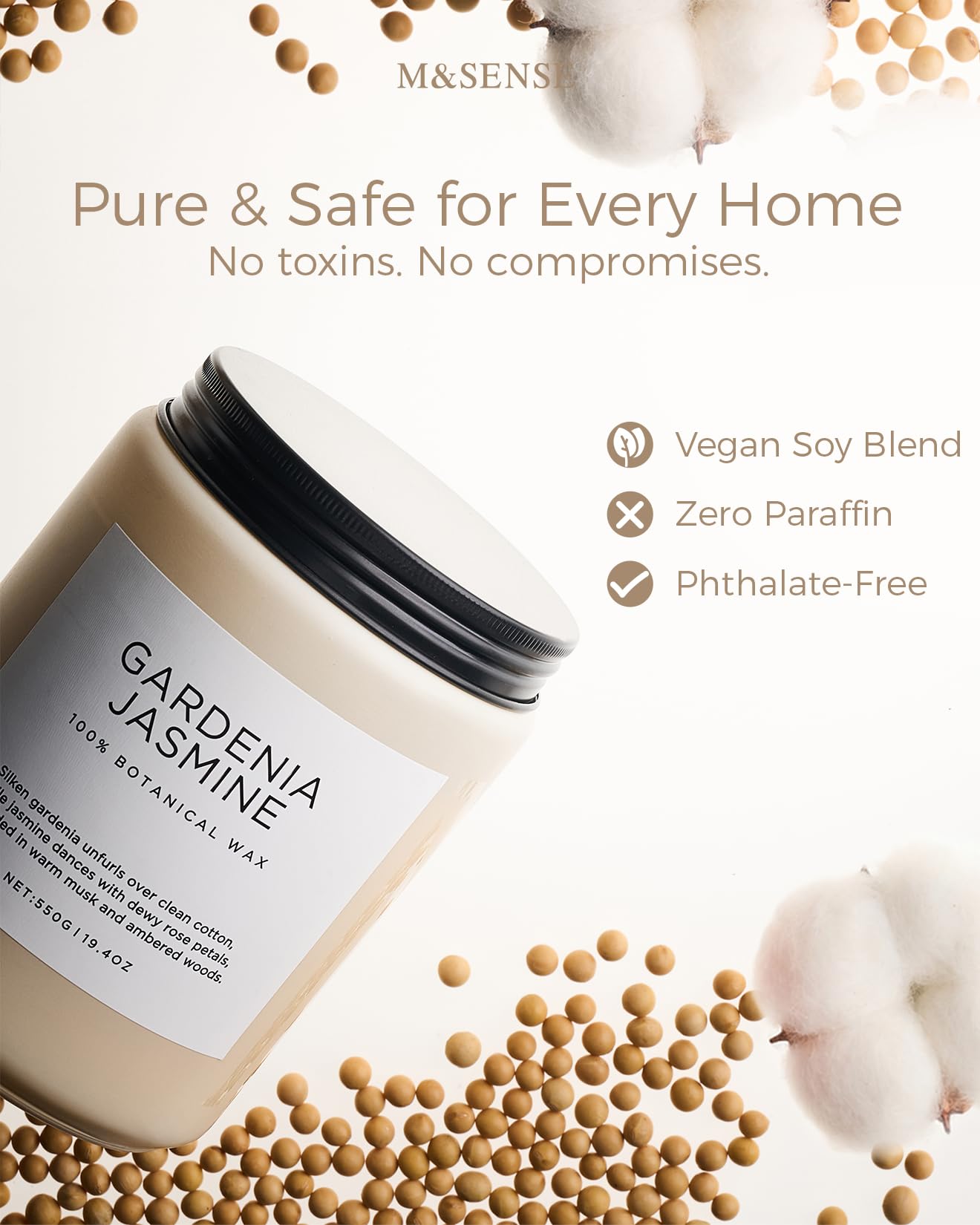 M&SENSE Large Gardenia Jasmine Scented Candles, 19.4oz Natural Soy Wax, 110 Hours Long Lasting Slow Burning, Non Toxic Clean Burn, Spring Floral Scent Aromatherapy Candle for Her
