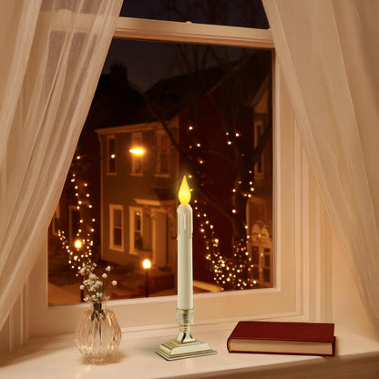 Meigic 6 Pcs Sensor Dawn to Dusk Window Candles, Flickering Battery Candles for Windows, Ultra Bright Fake Candle Lights with Gold Holders, Led Candlesticks for Xmas Home Decor, Warm Yellow Light