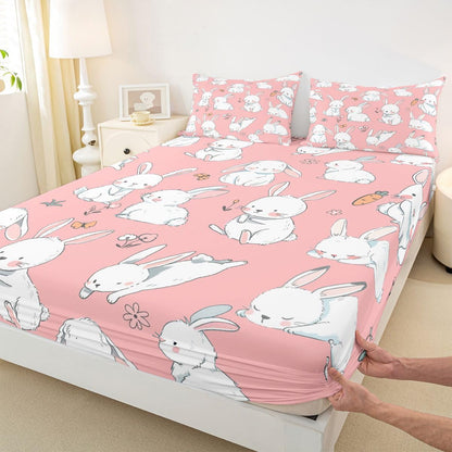 Erosebridal Cute Rabbit Sheet Set Cartoon Bunny Rabbit Pink Fitted Sheet Groovy Flowers Print Bed Sheets Easter Decor Flat Sheet for Kids Boys Girls King Size with 2 Pillowcases