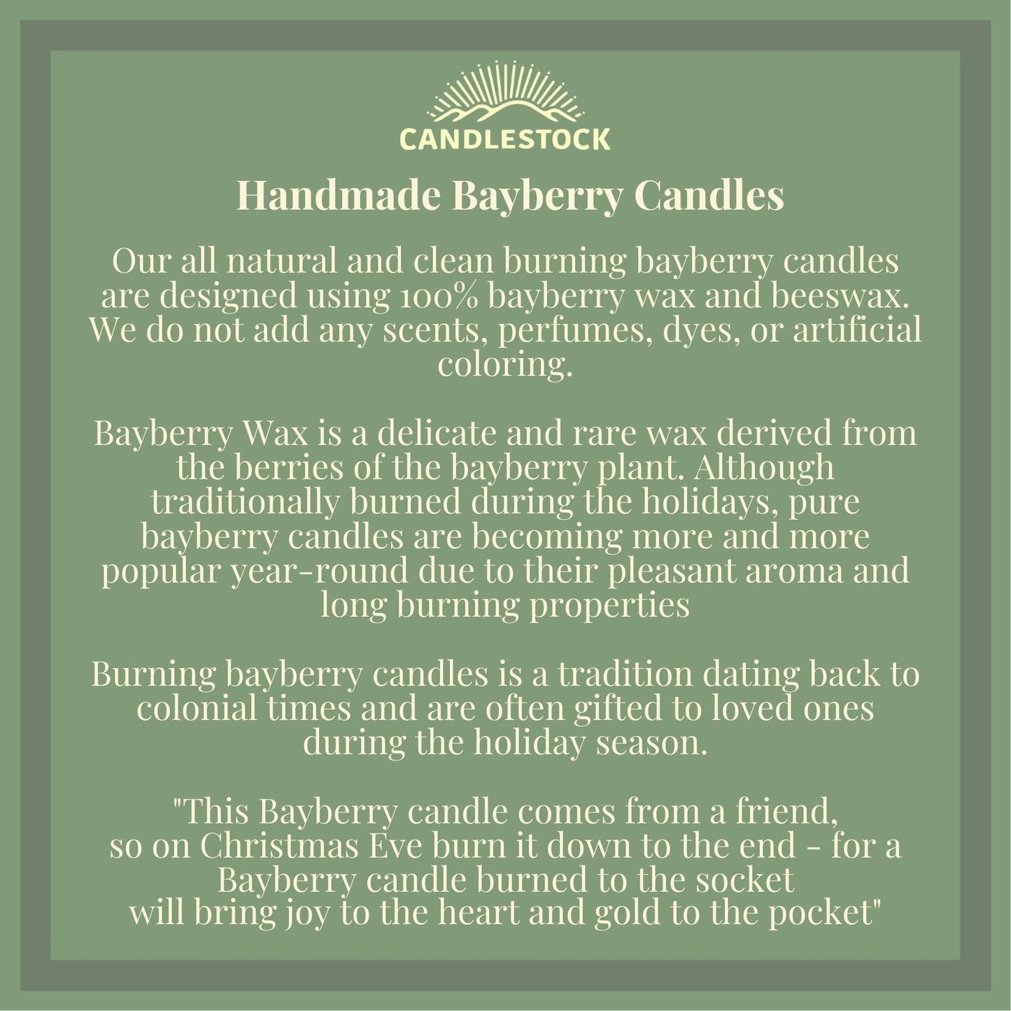 Candlestock Real Bayberry Taper Candle Pair 8 inch - Pure Bayberry and Pure 100% USA Beeswax Blend - Dripless Taper Candle Pair
